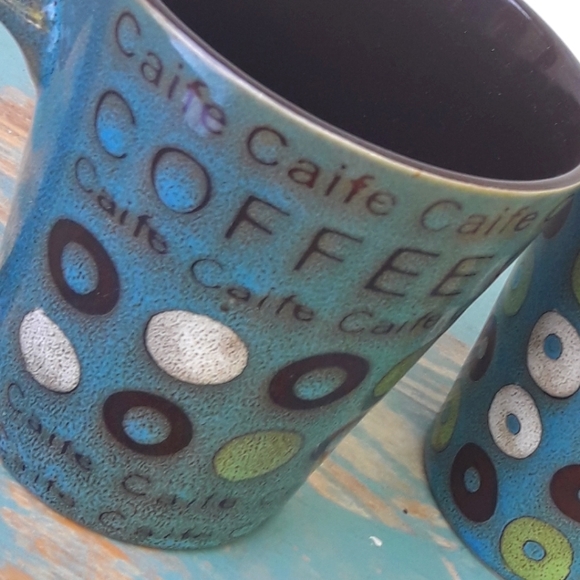 Vintage Mugs Coffee Cups Ceramic Teal Green Set of 2 Donuts Cheerios VTG - Picture 5 of 10